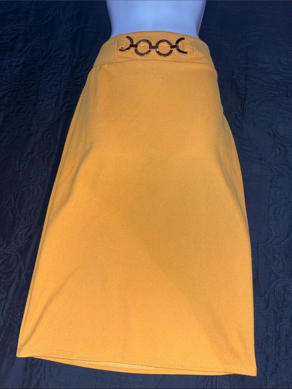 Rainbow Mustard Yellow Pencil Skirt with Decorative Ring Waist Detail
